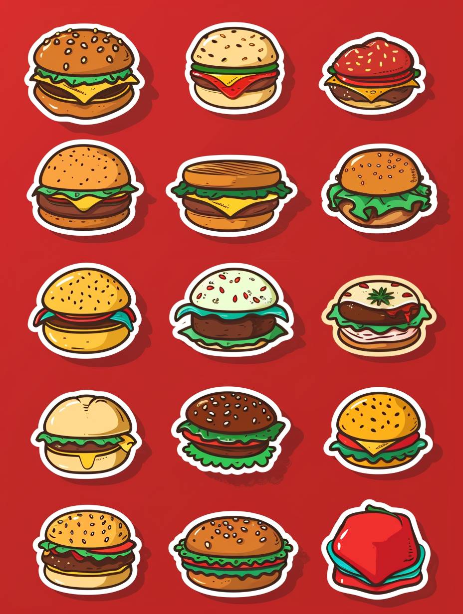 Several stickers in 1 piece, knolling of minimalism style cute hamburger, cute pocket sticker, vector image, icon design, sleek lines, flat color, red background, no text, no watermark, red blue yellow green, aspect ratio 3:4, stylize 200, version 6.0