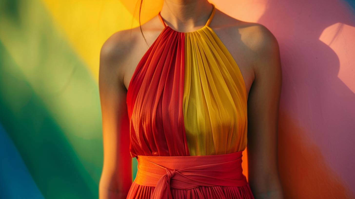 Close up fashion photo of a woman, evening dress, color blocking