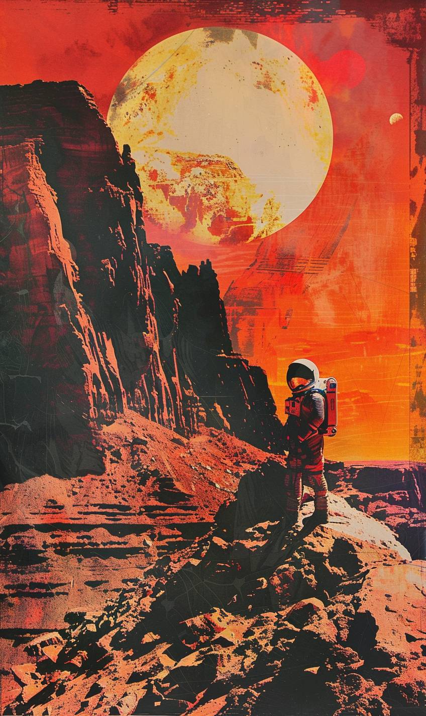 火星の宇宙飛行士、赤いエイリアンの風景、巨大な夕日、巨大な惑星の空、急な岩の形態、反射するバイザー、宇宙探査、高コントラスト、デジタルアート、鮮やかな色彩、長い影、孤独、静か、超写実的な水彩画、グラフィックノベルスタイル