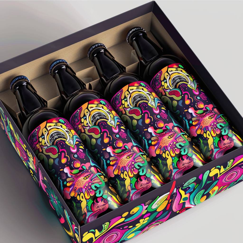 Bright IPA 6-pack box packaging design with psychedelic motifs