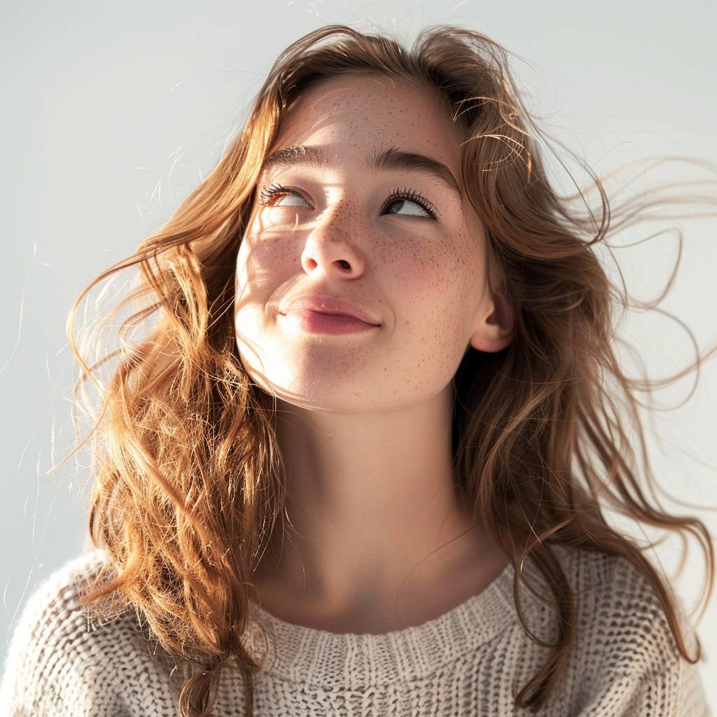 A realistic portrait of a young woman with great hair, smiling up at the camera. Emotionally complex, fast wave, precise detailing, clear edge definition, photorealistic, textural sensations cinematic, in the style of Zeiss Batis 18mm f/2.8 lens. White background, soft tonal transitions, digital gradient blends, grey and amber, accurate and detailed. Stock photo with 8K resolution.