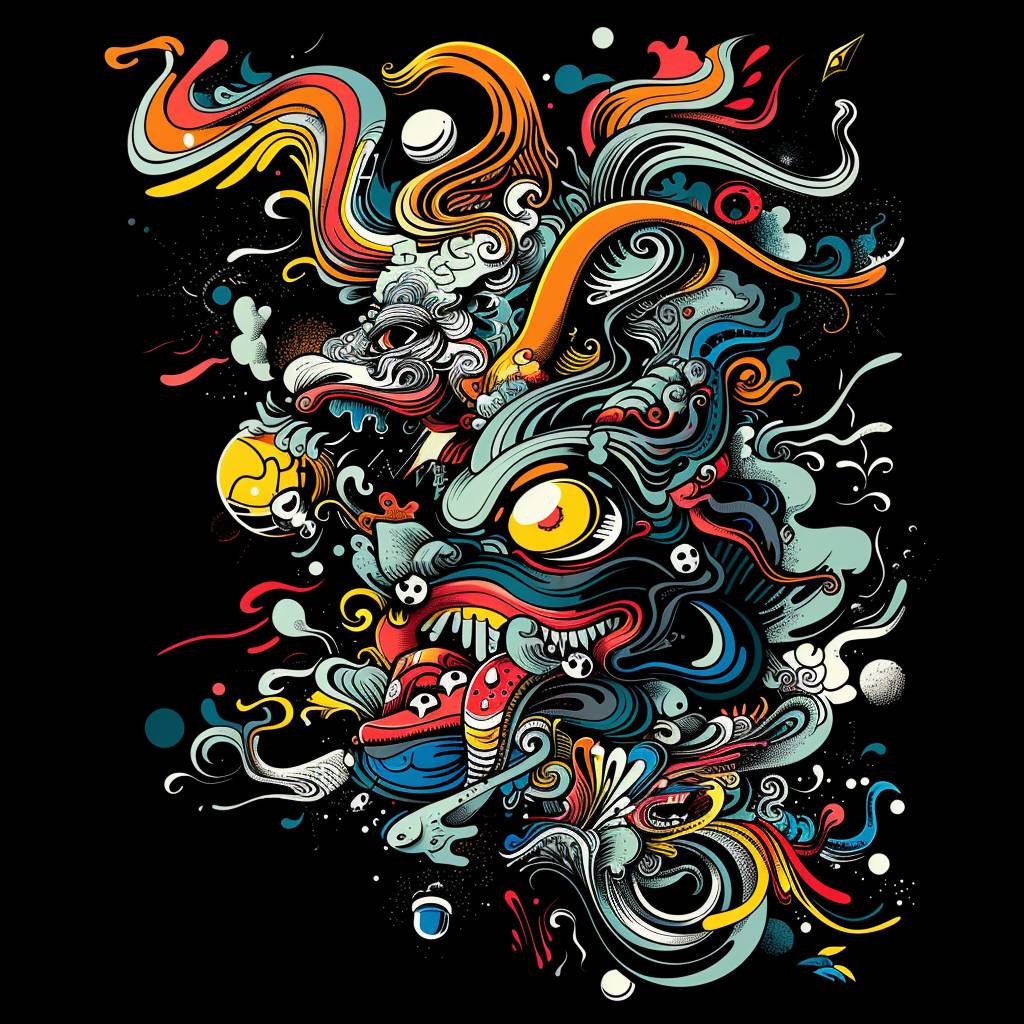 A vector design for a t-shirt, with a black background featuring elements of [element description] in the style of hyper-detailed illustrations with a colorful, cartoonish style in high resolution using [color1 and color2] colors and hard edge lines, along with swirling details and high contrast --v 6.0