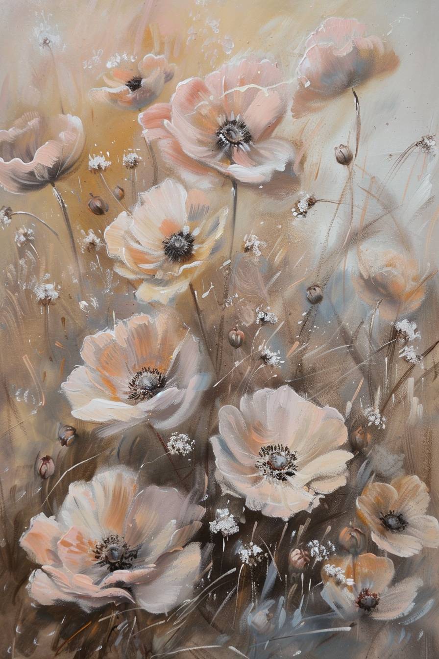 Soft pastel beige flowers in field, painting, macro