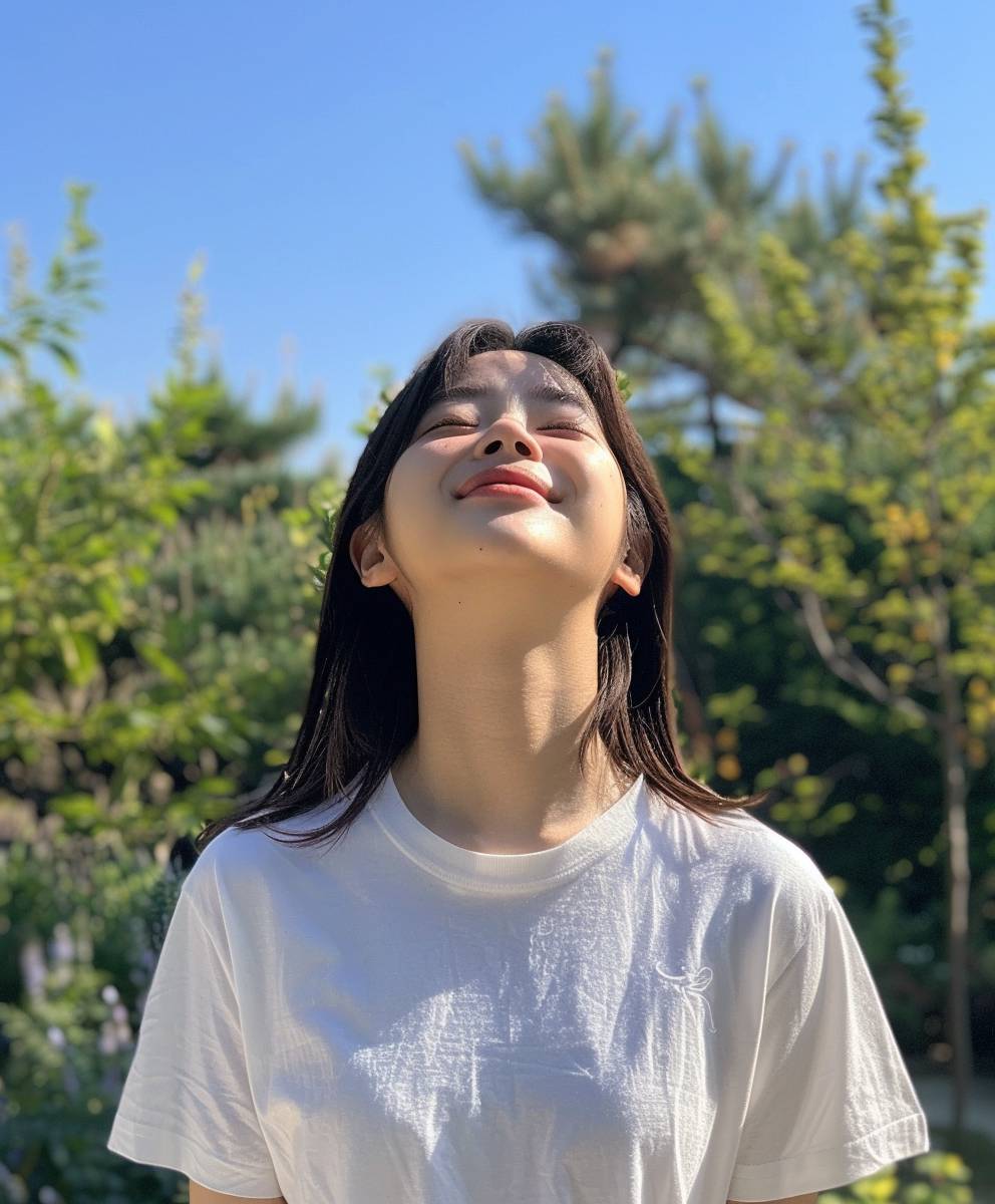 Korean girl, smiling and looking up at the sky with her eyes closed in an outdoor garden setting, white t-shirt, neck pain expression, daylight, posted on TikTok video from phone camera --ar 53:64 --v 6.0