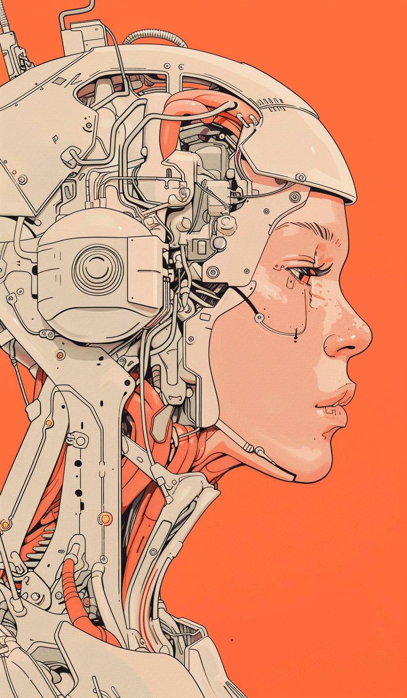 A female cyborg drawn by Katsuhiro Otomo with muscles and mechainal parts mixed, solid pale pastel orange background, inspired by Moebius, portrait, redish peach and white, tubes and wires coming from the back of her head, anatomical visible circuitry, sci-fi, hyper surreal, unique and refreshing design, elegant, biological machine, high contrast between colors, the side of her head is open, clean white metal faceplate, inspired by Giger, hyper detailed, cyberpunk