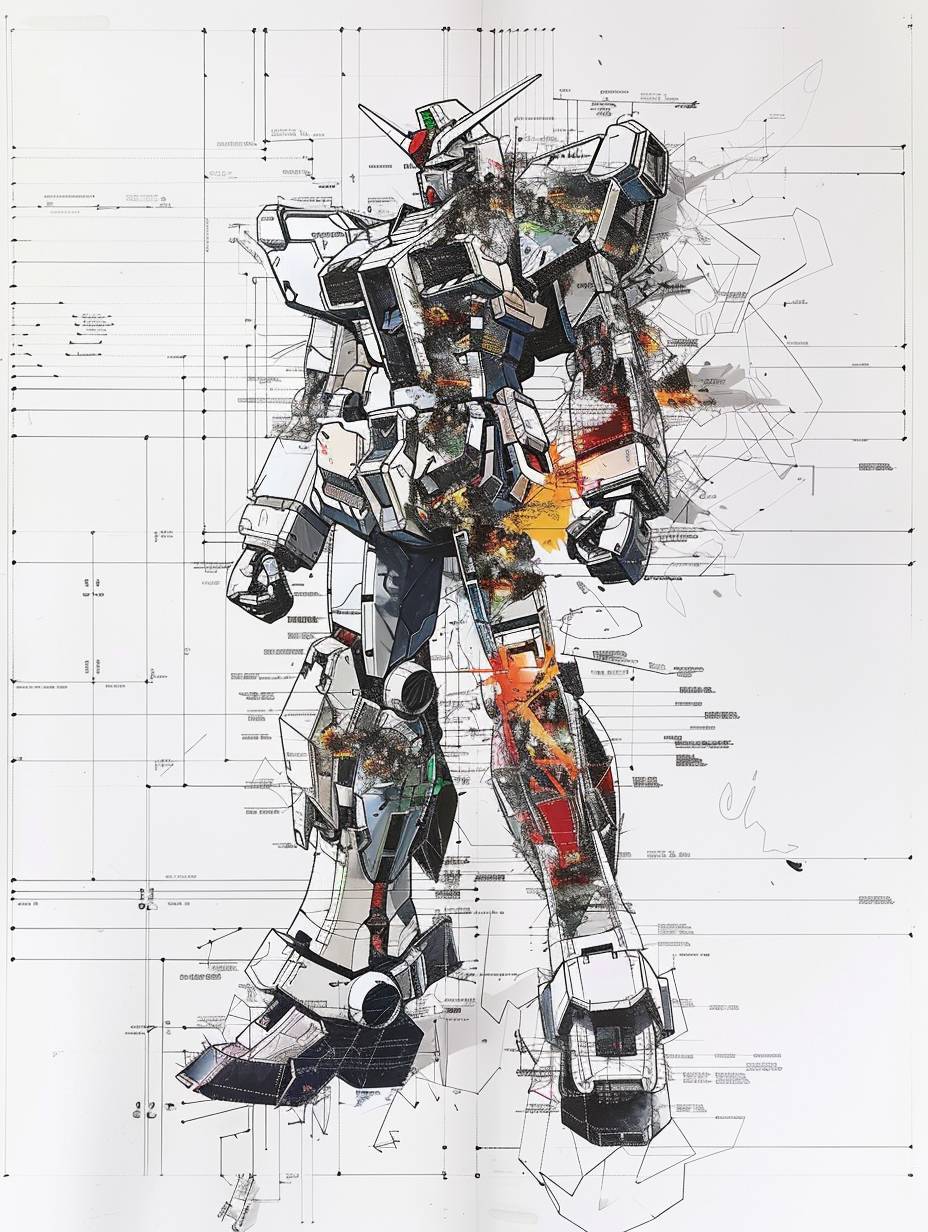 A design line drawing of a Mobile Suit Gundam from any generation, presented as a detailed schematic. The drawing uses precise black and white lines to outline the Gundam with meticulous annotations and size specifications clearly marked. The main body of the Gundam is rendered in a colored 3D effect, highlighting the intricate details of its armor, joints, and weaponry. The overall style is that of a technical drawing, set against a clean white background to ensure clarity of all details. The scene is photographed using a DSLR camera with a macro lens in the afternoon, capturing the fine details and the contrast between the line work and the colored 3D elements. The film used is Fujifilm Pro 400H, known for its excellent color accuracy and fine grain, enhancing the visual impact of the design.