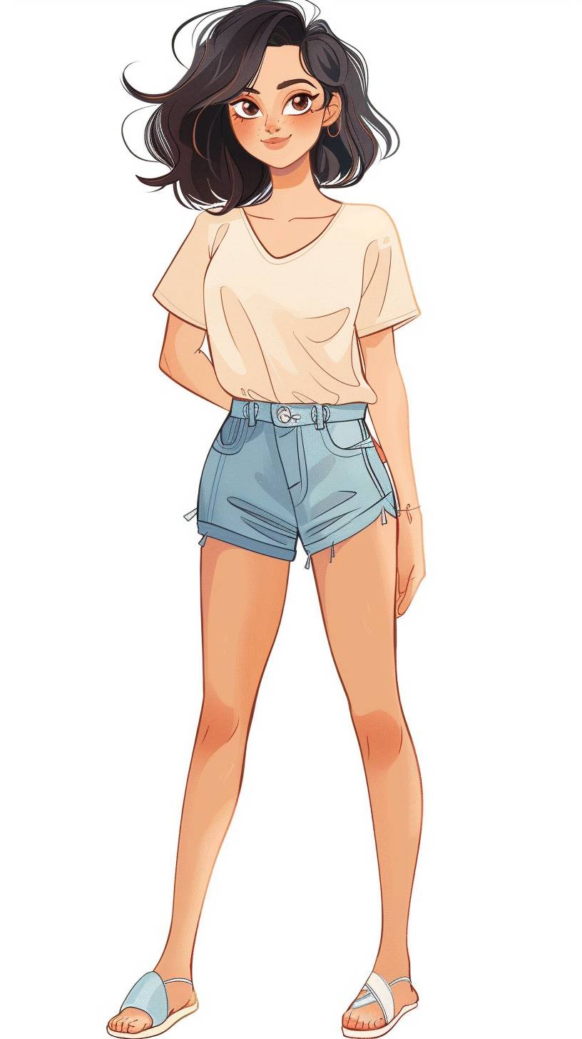 A cute 17-year-old girl with short black hair, wearing a t-shirt and denim shorts, full body including toes, against a white background