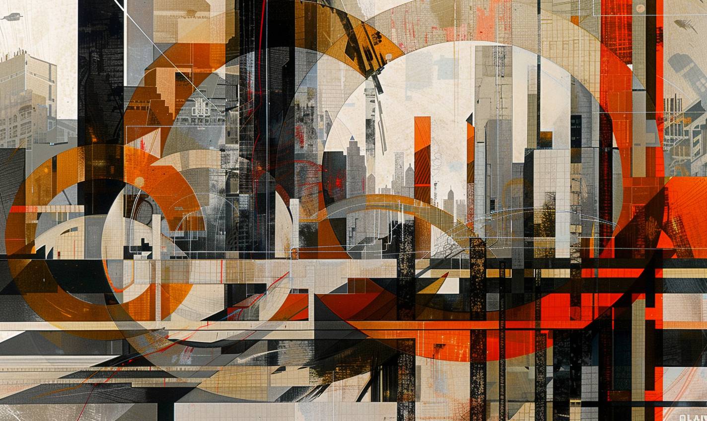 In the style of El Lissitzky, a cybernetic cityscape teeming with artificial life