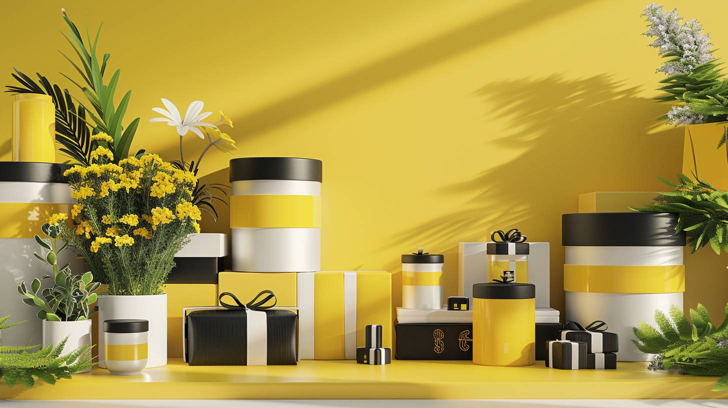 Minimalist illustration, 3D vector design, canary yellow and black and white, sample collection of gift items and gift packs, and also small giftable promotional items with minimalistic logos, all arranged on an office desk, with simple green flowers around --aspect ratio 16:9, version 6.0