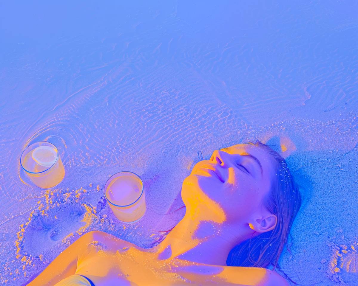 砂浜に寝そべる女性、カクテルを飲み、ビキニを着ている写真