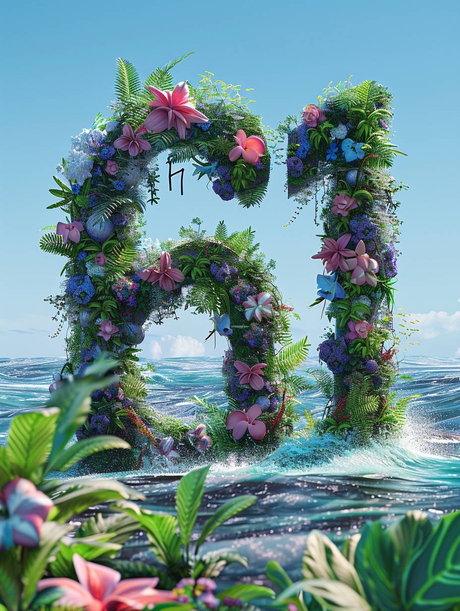 The number "61" is surrounded by water and flowers, with blue sky in the background, green plants in the foreground, central composition, 3D poster design, bright colors, cartoon design, playful style