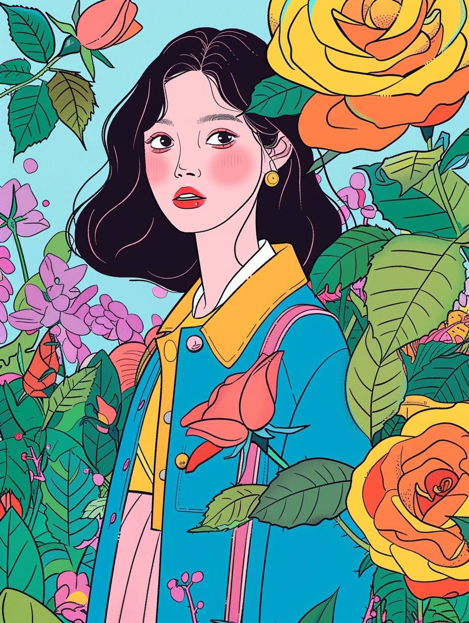 Front view, a pretty Chinese girl and a huge yellow rose flower, delicate makeup, solid background, two-dimensional cartoon Korean idol, Korean comic, half body, high detail, hyper quality, ultra HD picture quality, masterpiece