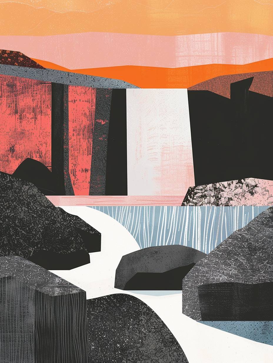 Vector graphic, Daniel Liebeskind Iceland poster risograph poster with grainy texture, concrete and brutalism, in the style of bold modernist graphic design, Icelandic landscape, waterfall, Swiss style, Cluj school, by Dan Hipp, light muted colours