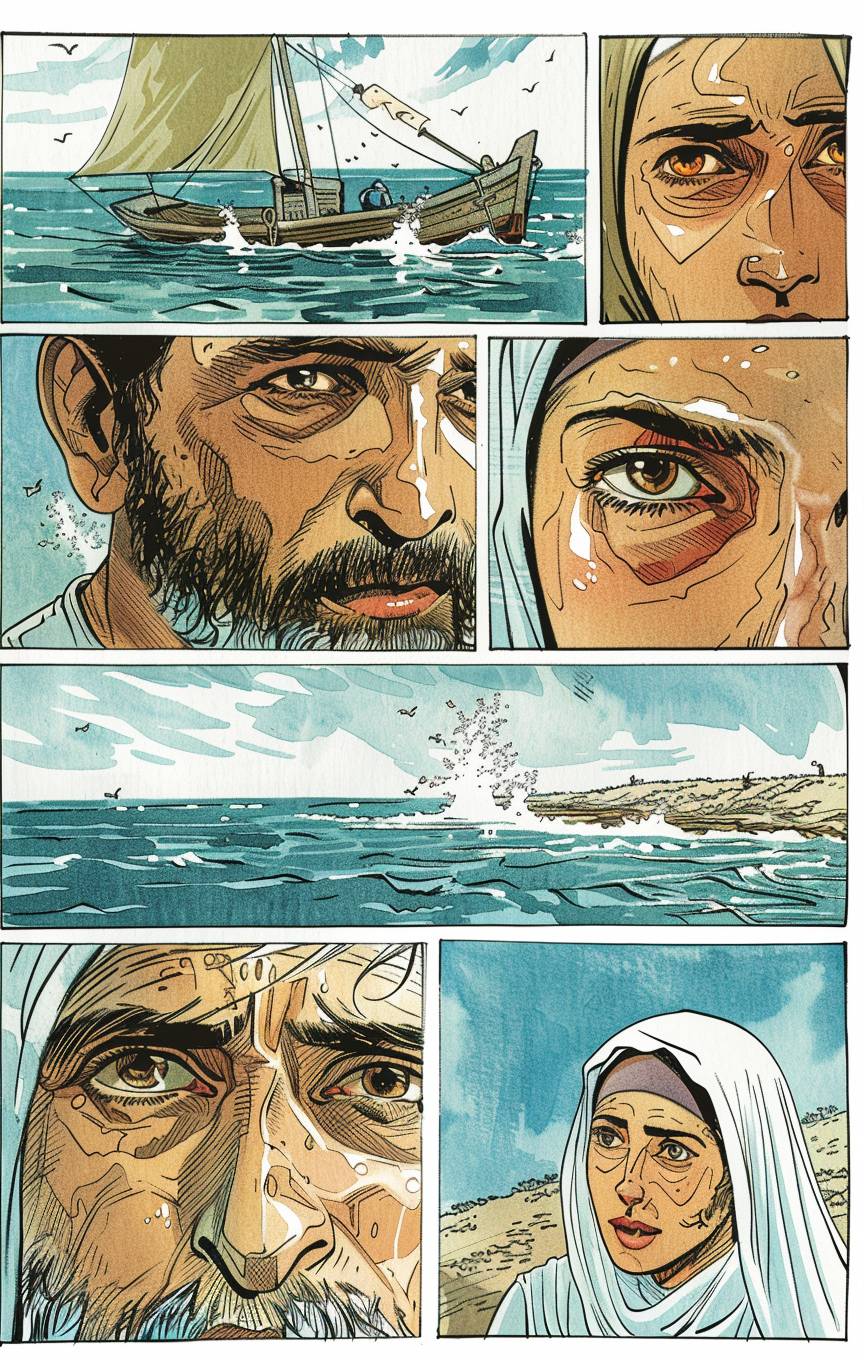 Comic Book page with 5 panels in one page, Muslim man and woman, close ups, the year is 1984, Coast of uninhabited island, in the style of Norman Rockwell and Vik Muniz, natural lighting, hand drawn, progression of scene, story development, dynamic movement, clean lines, simple colors, consistent characters.