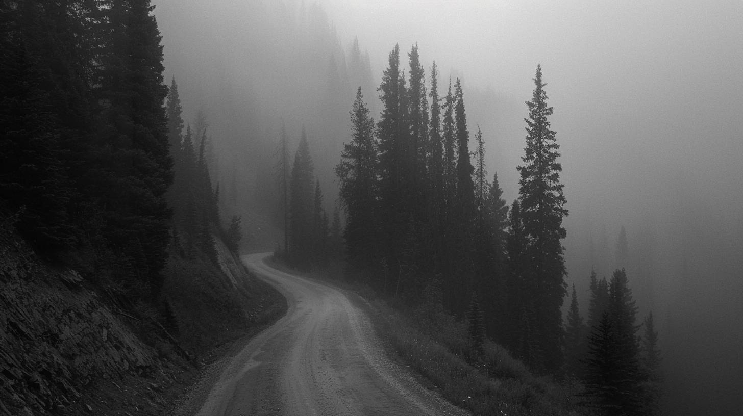 霧深い山間を通る曖昧な空間が広がっている。曲がりくねった道路は霧の中に消え、そびえ立つ松の木に囲まれている。霧に包まれることで、音が遮られ、不気味な静寂が生まれる。この光景は未知の旅を通じた神秘と孤独を捉えている。