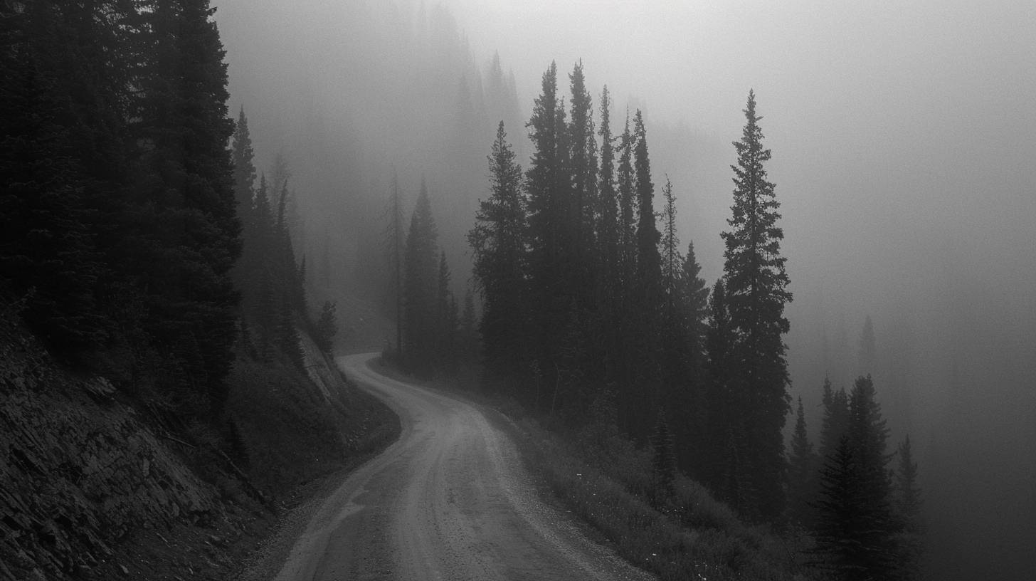 A liminal space in a foggy mountain pass. The winding road disappears into the mist, flanked by towering pines. The fog muffles sound, creating an eerie silence. This scene captures the mystery and solitude of a journey through the unknown.