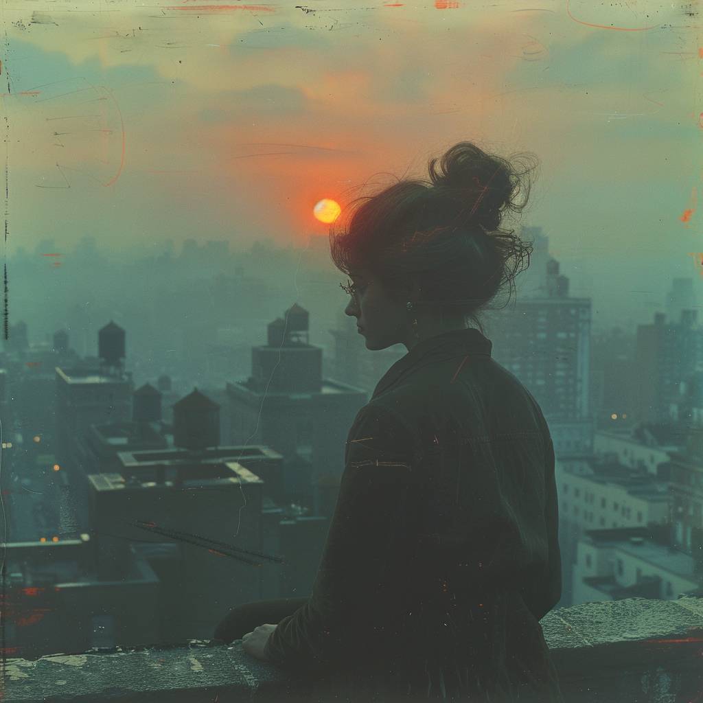 Atompunk photo, view from a roof in NYC by sunset, silhouette of a woman in the middle