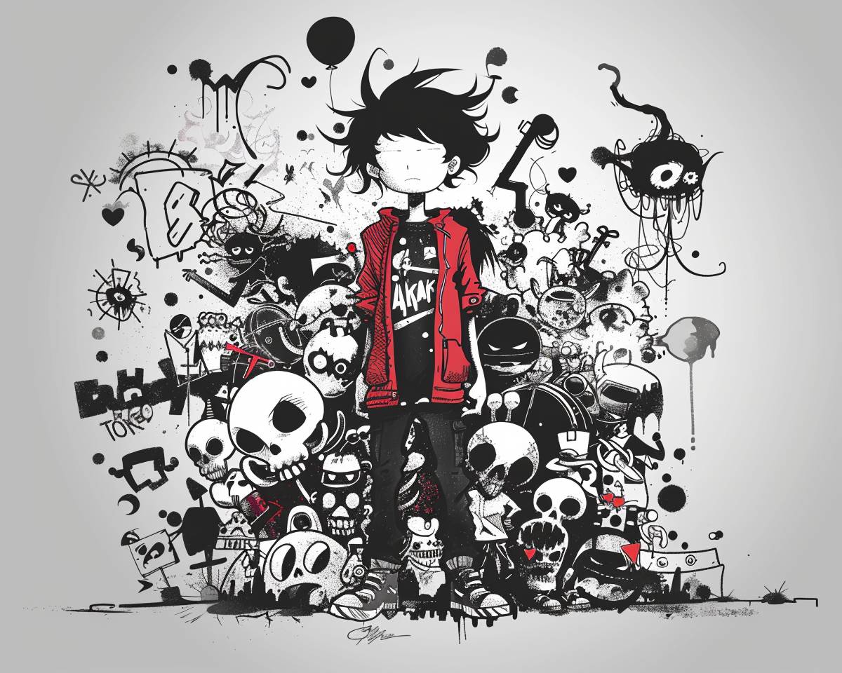 Cartoon character surrounded by various elements like [elements], doodle art and vector line drawing. It is a high contrast black and white, full body shot of the character wearing [color] [description]. punky style with graffiti-inspired designs, highly detailed.