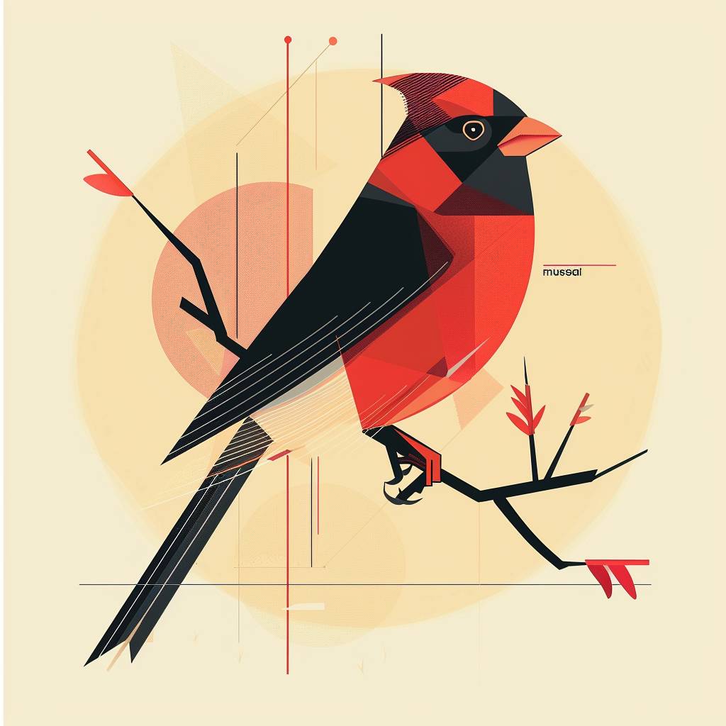 枝に赤と黒の鳥、James Gilleardのスタイルのポスター、鳥の形をなす線の抽象的な幾何学模様、オレンジからベージュ系統グラデーション背景、「musesai」と書かれたシンプルな構図、Eiko Ojalaのイラストスタイル、ビハンスコンテスト優勝者、フラットデザイン、behancingcore、behantis、behStimulatスリークでモダン、behstaffing