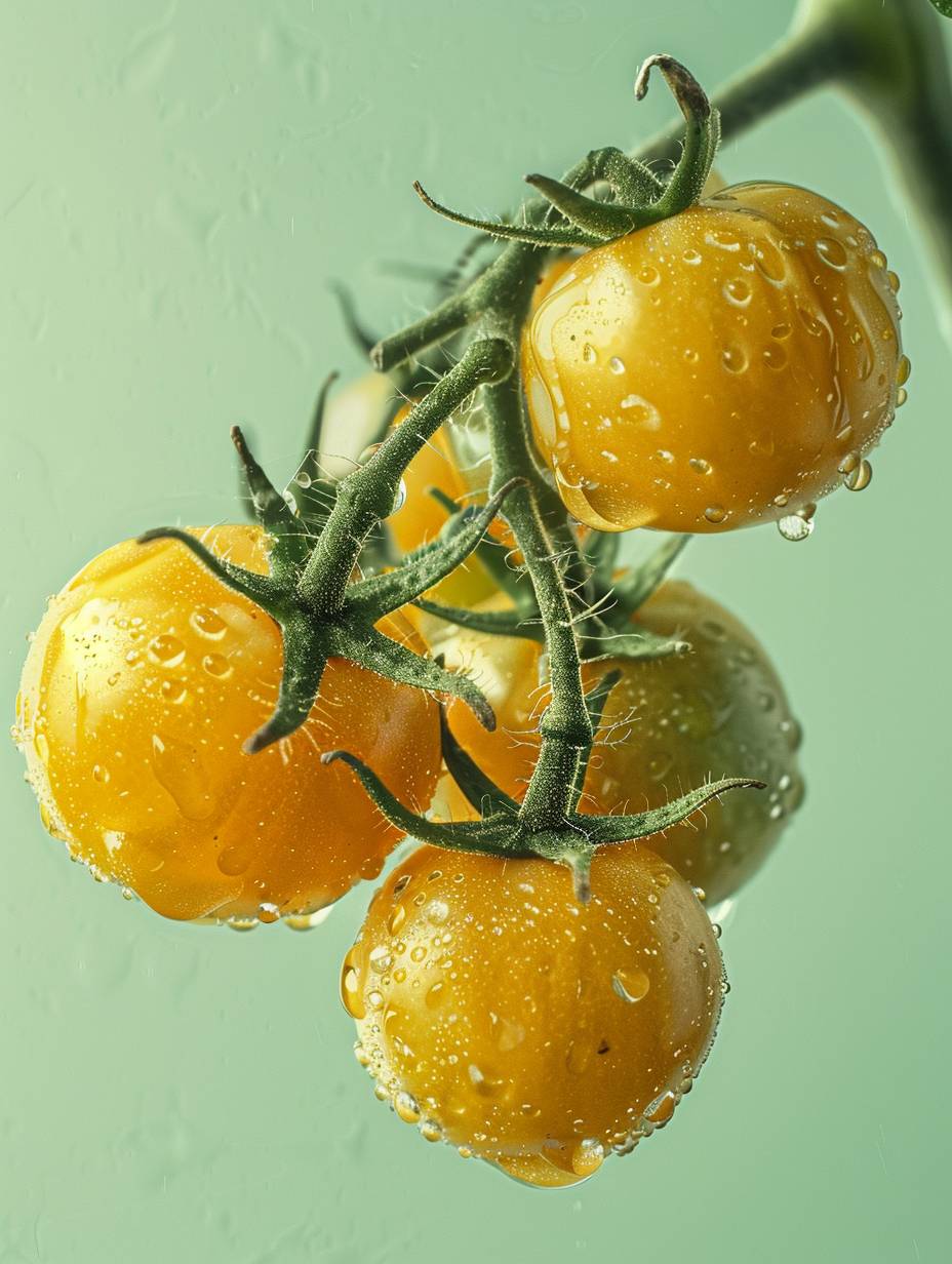田中達也による、蔦につるした水滴付きの黄色いトマトの斜め構図写真は、夢のような美しいスタイルで表現されています。