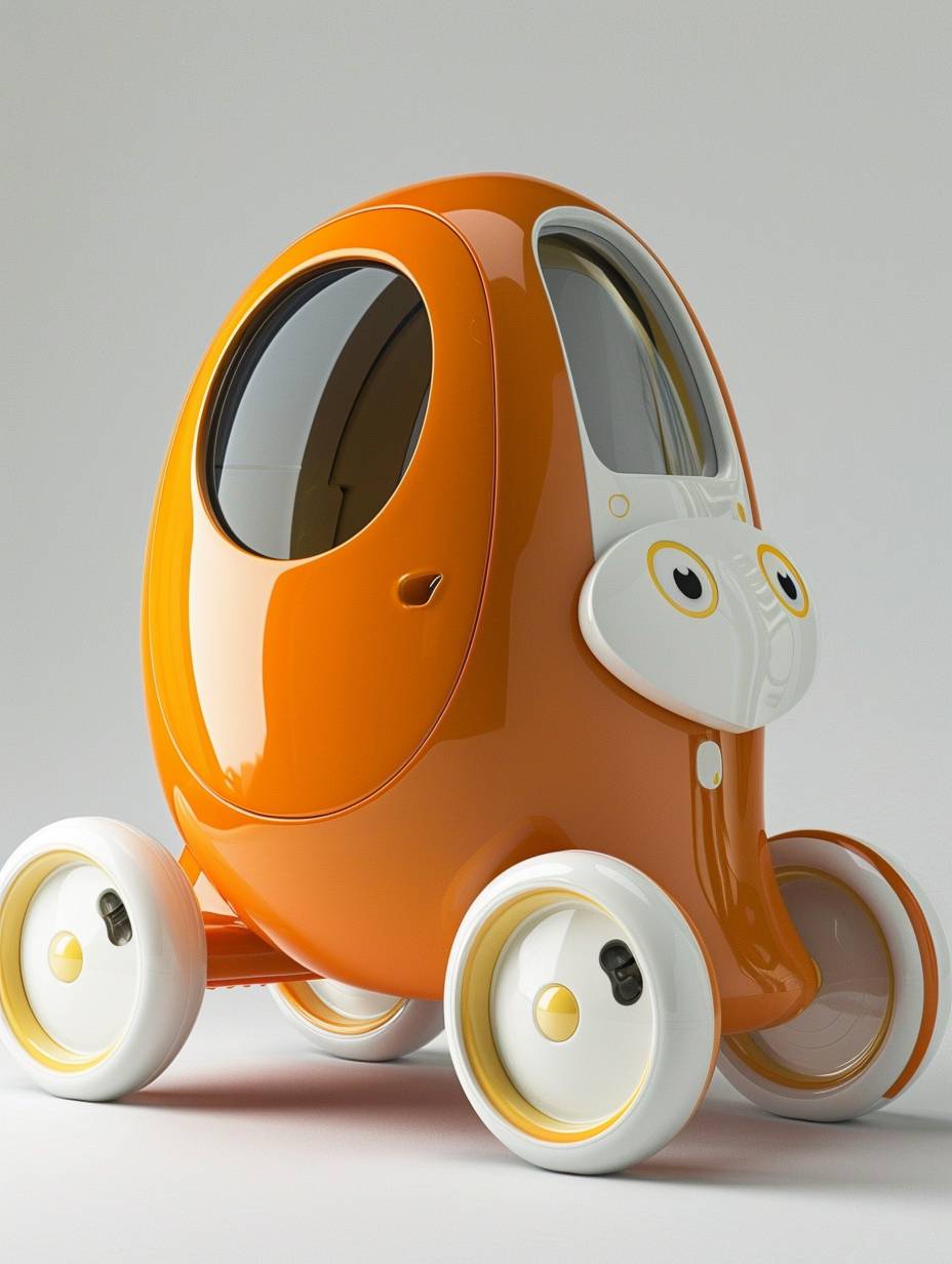 Baby toy car, children's scooter for walking with an orange body and white wheels. The top of the seat is rounded to reflect light. There is also a small window on each side through which you can see inside it. On one end there’s a cartoon style steering wheel that has two eyes drawn in yellow paint in the style of a cartoon. This design adds fun and visual appeal while enhancing driving safety. It stands upright against a pure white background, providing clear contrast between colors.