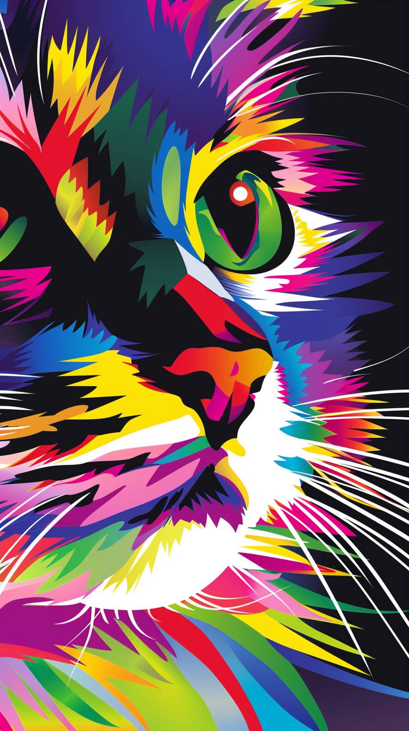 Vector art, close-up of a cat's face with vibrant colors, focusing on lines and geometric shapes, close framing highlighting the eyes and facial details, soft lighting with shading to emphasize the forms, contrasting color palette, modern style, no background