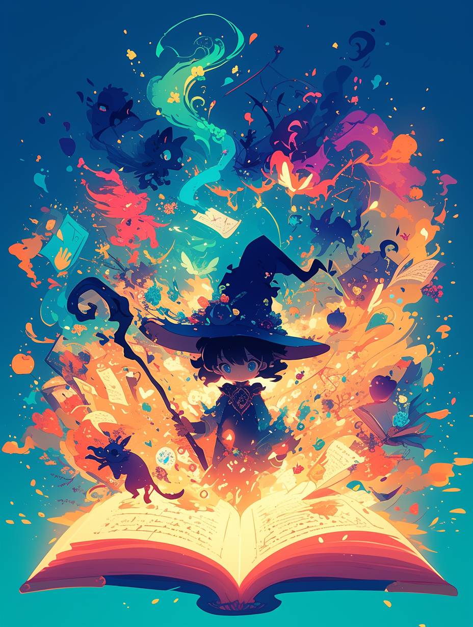 Simple lines, exaggerated design, anime style, central composition, vibrant colors, high contrast, a little boy wearing a wizard hat holding an open magical book, words flying out of the book transforming into lively objects like an apple and a rabbit, green smoke coming out of the book and floating up, magical elements like glowing symbols, stars, and sparkles, soft lines, friendly and simple design, primary colors teal and blue background accented with yellow and red