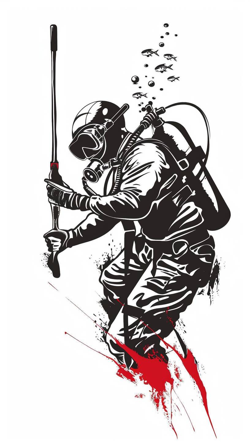 Traditional tattoo scuba diver with speargun, traditional tattoo, simple, vector art, sticker, white background