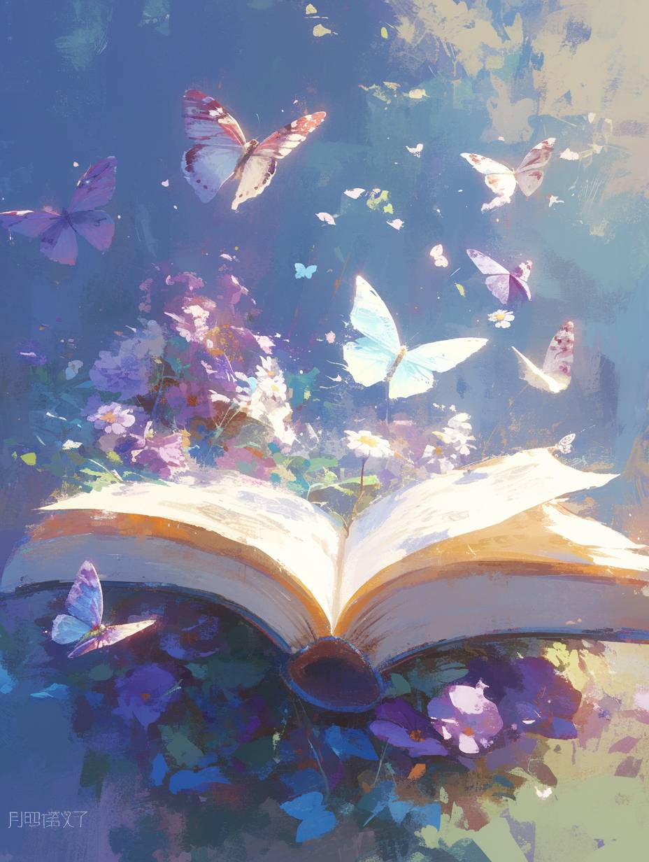 オープンブックからあらゆる色の蝶が飛び出し、優しい陽射し、低彩度の色、油絵、低彩度の色、ホログラフィックホワイト、夢見るような、細部に豊か