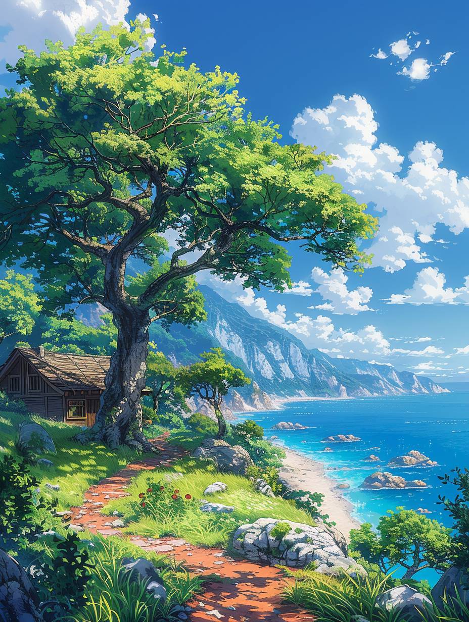 A big tree on the island, there was an old house under it. There was also grass and small paths leading to sandy beaches, with blue sea water in front of them. The sky above was bright and sunny, creating a beautiful scenery that would make people feel relaxed or happy. High resolution artwork in the style of Miyazaki Hayao. Green trees, brown houses, Blue ocean, White clouds, Red path around green meadow.