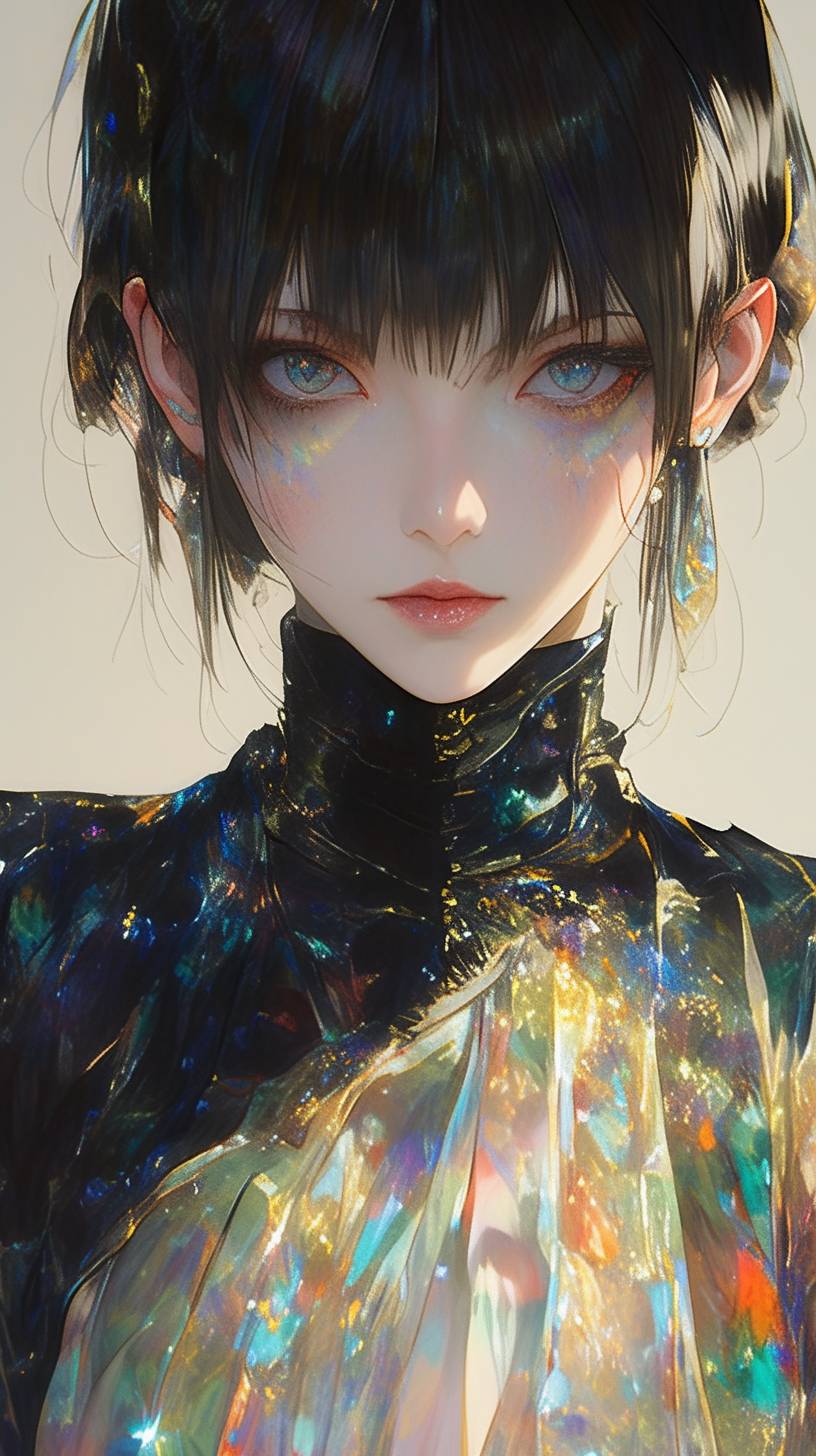 Front view, Beautiful and cool 20-year-old girl wearing super fashionable iridescent blue and golden suit, mid-range portrait, Heart to heart movements, bright and simple surreal background, surreal character, fair face, Author: Hajime Sorayama, Tetsuo Hara, Yuki Kamei, Makoto Shinkai, Studio Ghibli, Nikon D850, 32K