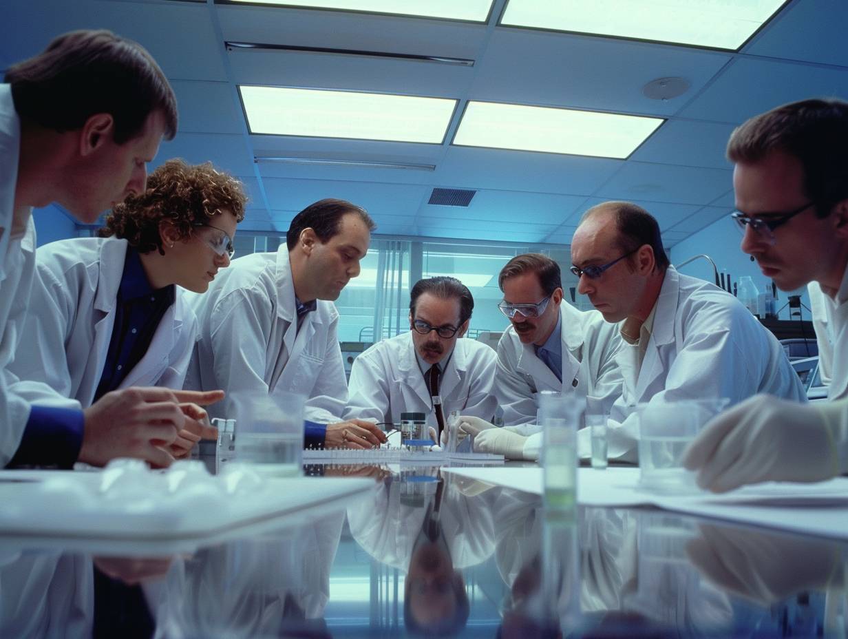 Six scientists in a laboratory. Focus and collaboration. Microscope slide. Modern research facility. Daytime in 1998. Lab equipment, whiteboards, a petri dish. Medium shot, upper body. Shot on a Nikon F100, Fujifilm Provia 100F film. Fluorescent lights, reflections on glass surfaces, high contrast.