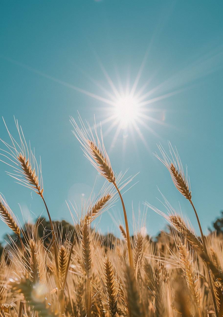 Wreath of wheat, clear sky, sun, near a reality field, cinematic shot