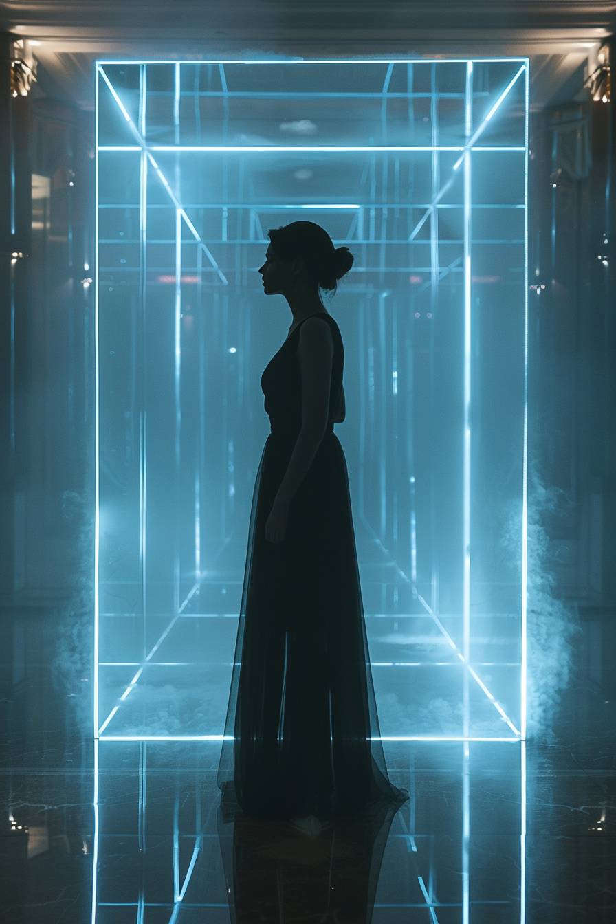 A beautiful female model standing in a frosted glass box, in the style of futuristic victorian, hyper-realistic sci-fi, photorealistic compositions, by Ivanovich Pimenov, UHD image, shot on Fuji XT-5, 8k, award-winning, high details