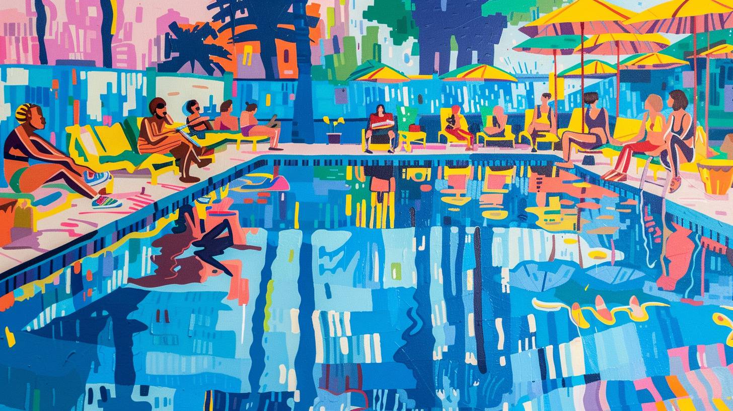 A bright and vibrant scene of people relaxing by a swimming pool, inspired by David Hockney. The water should be depicted in vivid blues, with reflections and ripples, surrounded by colorful poolside furniture and happy, sunbathing individuals.