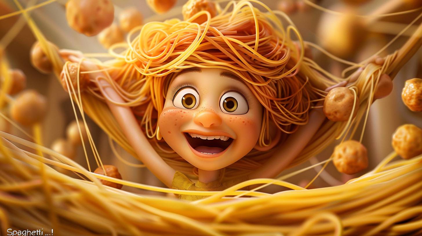Vector Art. Closeup View. Happy woman smiles big. Her hair is composed of spaghetti-and-large meatballs. She says 'Spaghetti...!', Spaghetti and large meatballs everywhere. Gourmet.