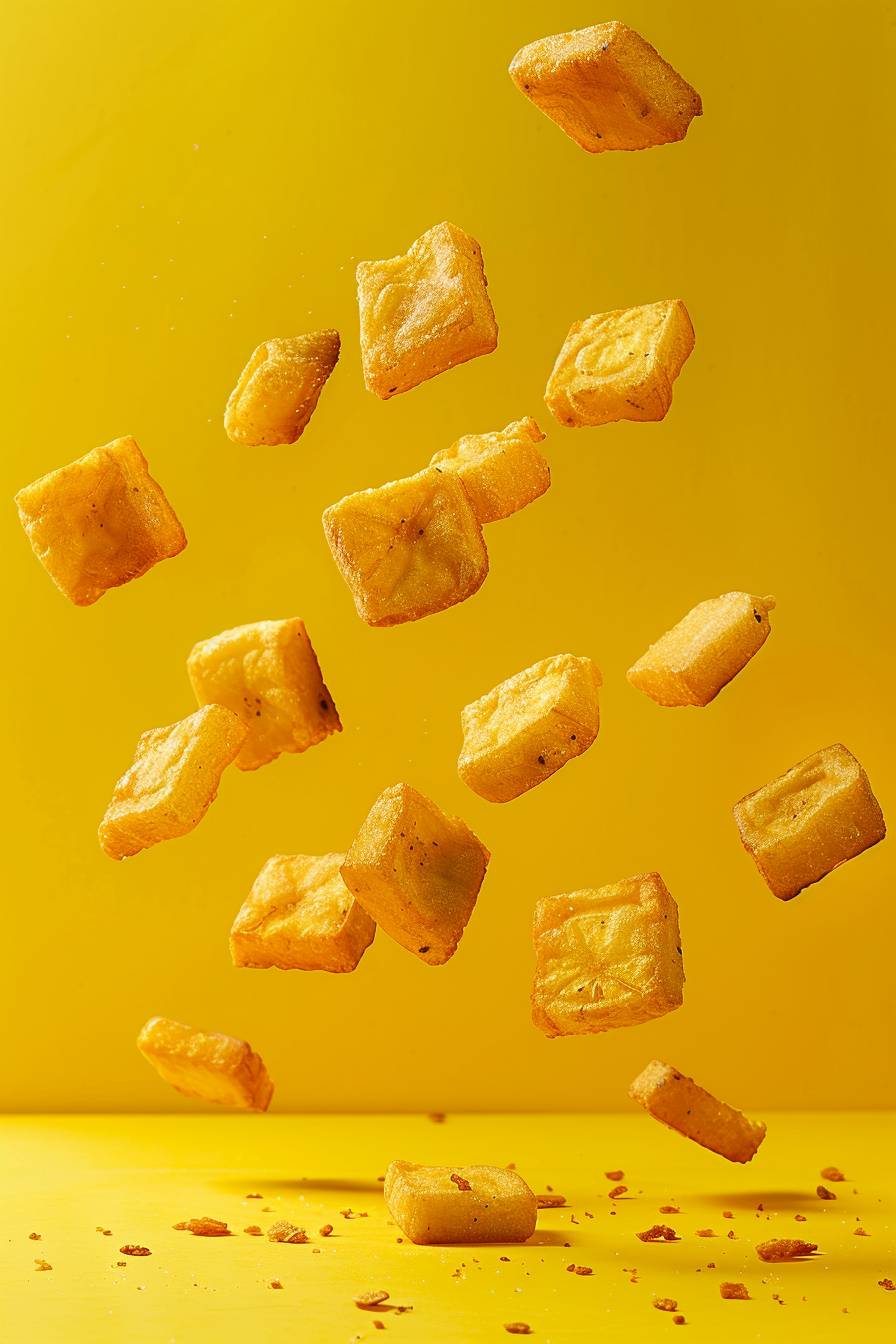 Marketing photography of croutons made of fried plantains floating in the air over a yellow studio background, studio photography