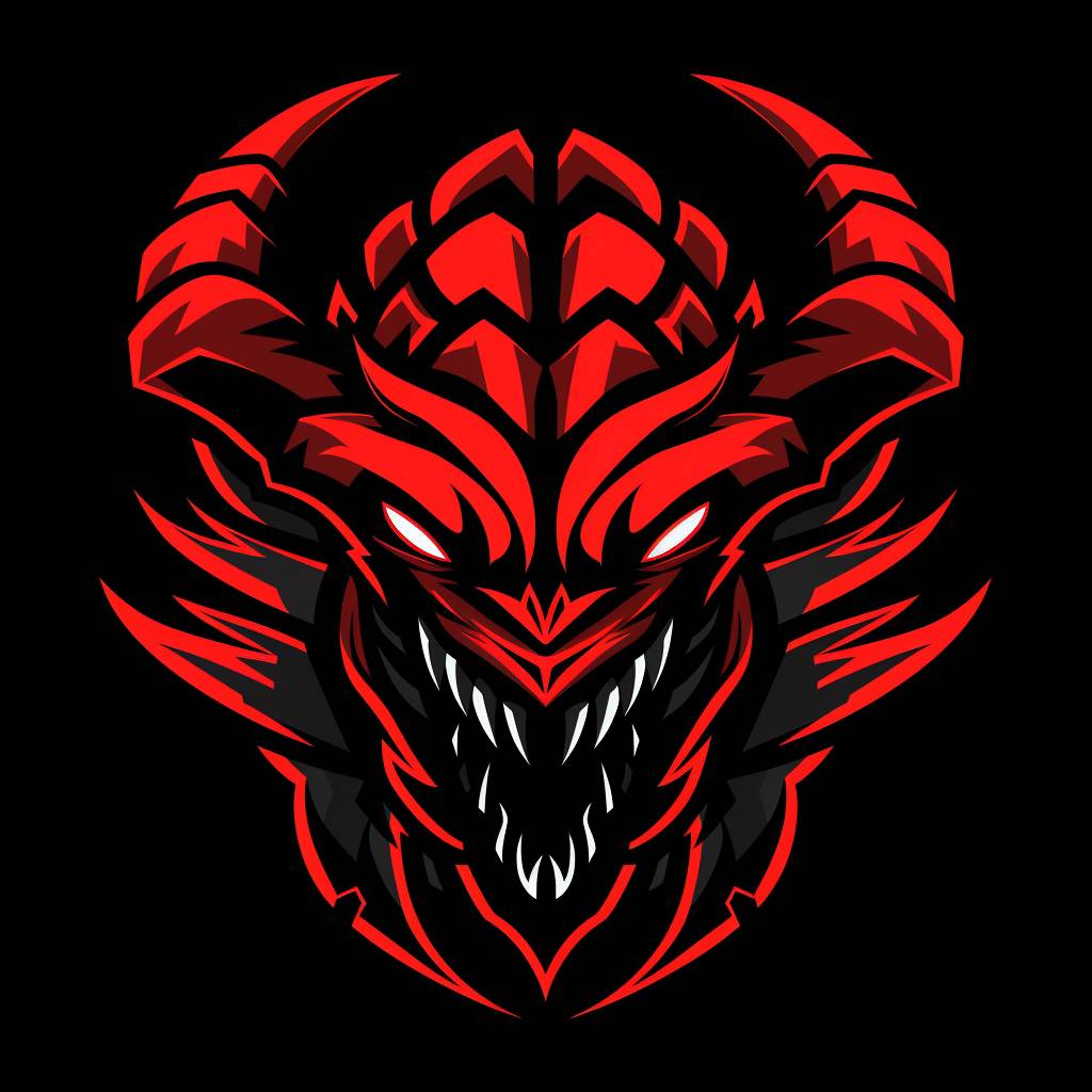 Red and black flat logo for a kaiju head-on, flat cell shading and aggressive design, use of negative space 6.0