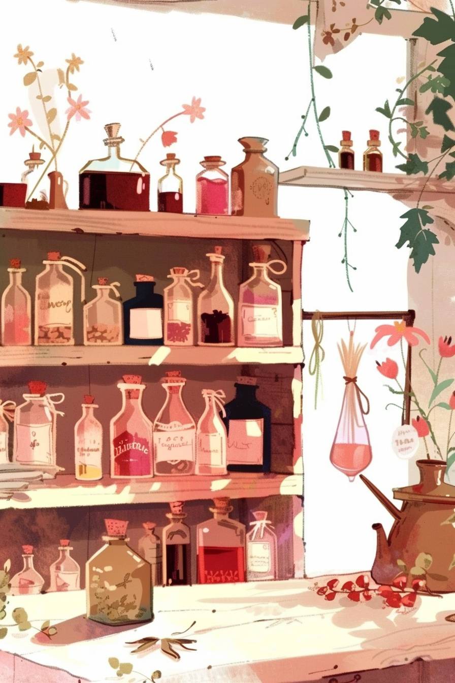 A charming, old-world apothecary shop, with shelves filled with curious potions, herbs, and mystical ingredients