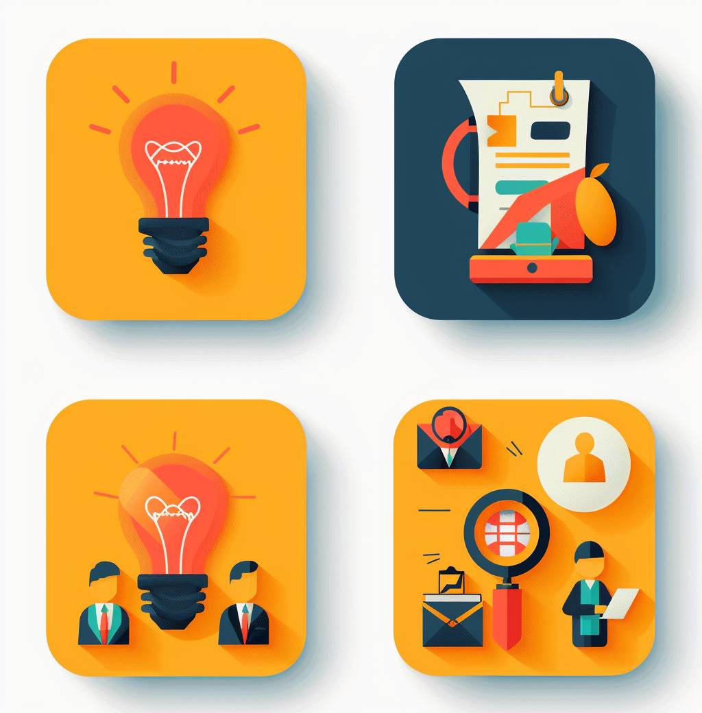 4 icons for the website, flat design style with long shadows and warm colors. The first icon is an idea bulb symbolizing creativity in business planning; the second square icon features people talking about project purpose on it, in the style of bark district; the third square icon shows a briefcase representing a market research data analysis tool; the fourth square has a magnifying glass to represent clear vision of goal setting.