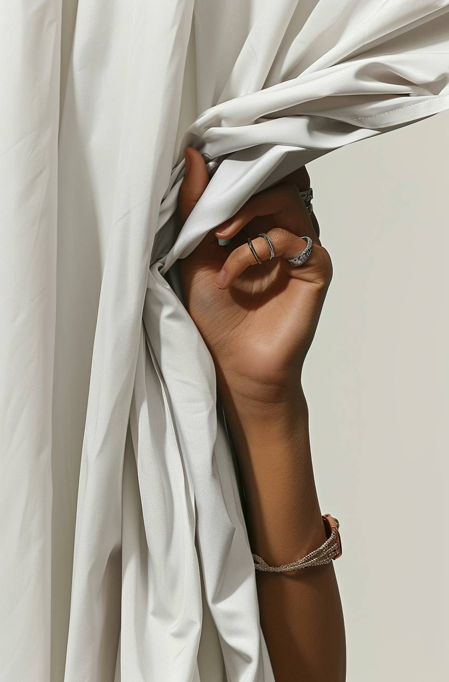 A hand with a bracelet and ring is emerging from behind a light grey fabric. The skin of her arm glows in soft tones as soft light illuminates it against a delicate light background with a minimalist, beautiful style in the style of Tim Walker.