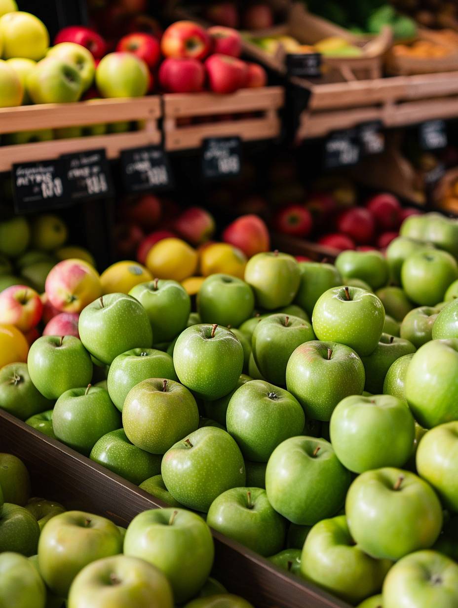 A pile of green apples with black labels on them, stacked in the center and placed next to each other on wooden shelves at fruit bars or grocery stores. The background features various types of red apple trees and boxes filled with different fruits such as oranges, pears, etc., creating an atmosphere full of fresh energy. This photo was taken using a Canon EOS R5 camera and is presented in ultrahigh definition with a resolution of 80 megapixels. The style of this photo is in the style of minimal editing of the original text.