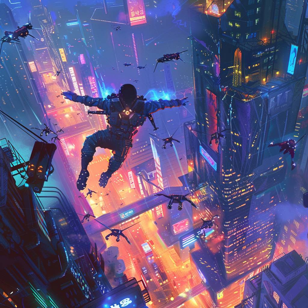 A cyberpunk video game art style chase scene where a rogue hacker and drone swarms are taking place against the backdrop of neon-lit city streets with towering skyscrapers with glowing blue eyes leaping across rooftops. High resolution, sharp focus, studio photo, intricate details, high quality, game cover - Version 6.0