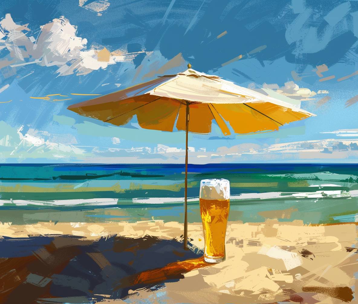砂浜に刺さった日傘とビーチビュー、日傘の影に冷たいビールがあり、アートスタイル、Tシャツデザイン