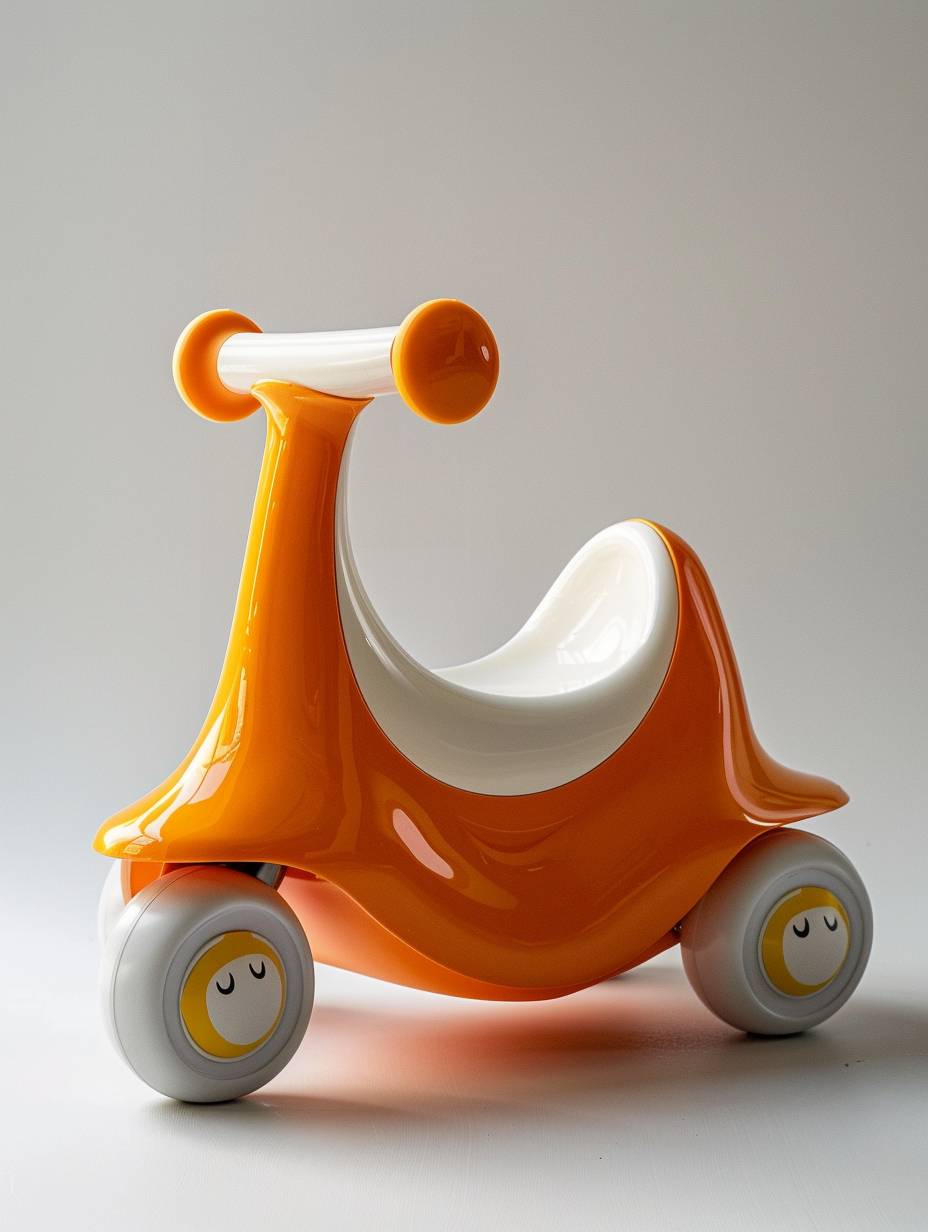 Baby toy car, children's scooter for walking with an orange body and white wheels. The top of the seat is rounded to reflect light. There is also a small window on each side through which you can see inside it. On one end there’s a cartoon style steering wheel that has two eyes drawn in yellow paint in the style of a cartoon. This design adds fun and visual appeal while enhancing driving safety. It stands upright against a pure white background, providing clear contrast between colors.