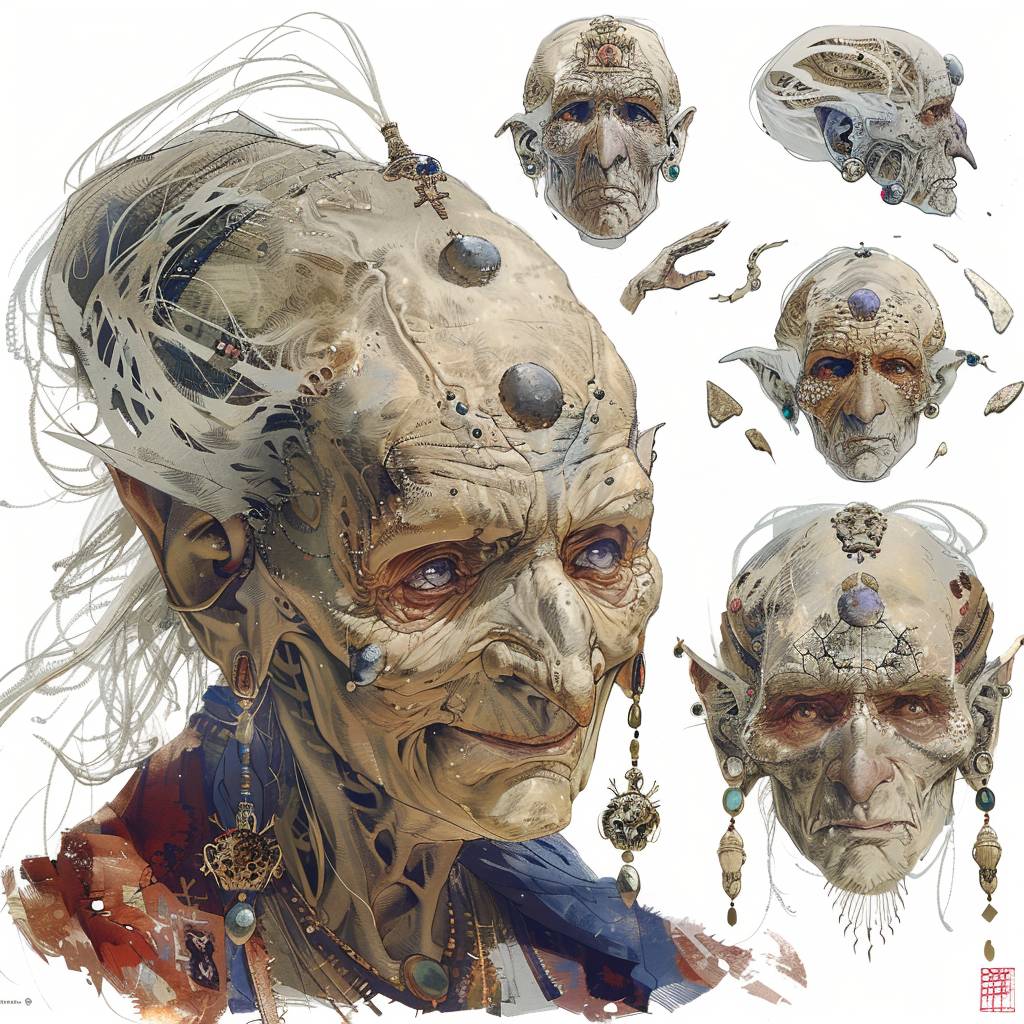 Wizened old female fortuneteller, head, close up character design, multiple concept designs, concept design sheet, white background, style of Yoshitaka Amano