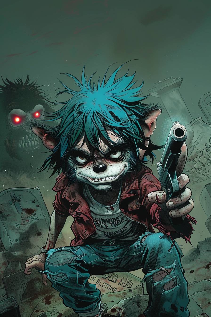 Clip of the Gorrilaz performing the song Clint Eastwood. Illustration style by Jamie Hewlett of Gorrilaz meeting Moebius. Stuart Harold, also known as 2-D, is a virtual character of Gorrilaz. He has spikey azure blue hair, black eyeballs, an empty eye socket, and is toothless or missing some upper teeth. In the scene, he is seen giving a hard flying kick towards a gigantic black grumpy gorilla with red eyes near a graveyard. The clip includes motion speed effects and is set in a night scene. Rendered in 3D --ar 2:3 --stylize 300 --v 6.0
