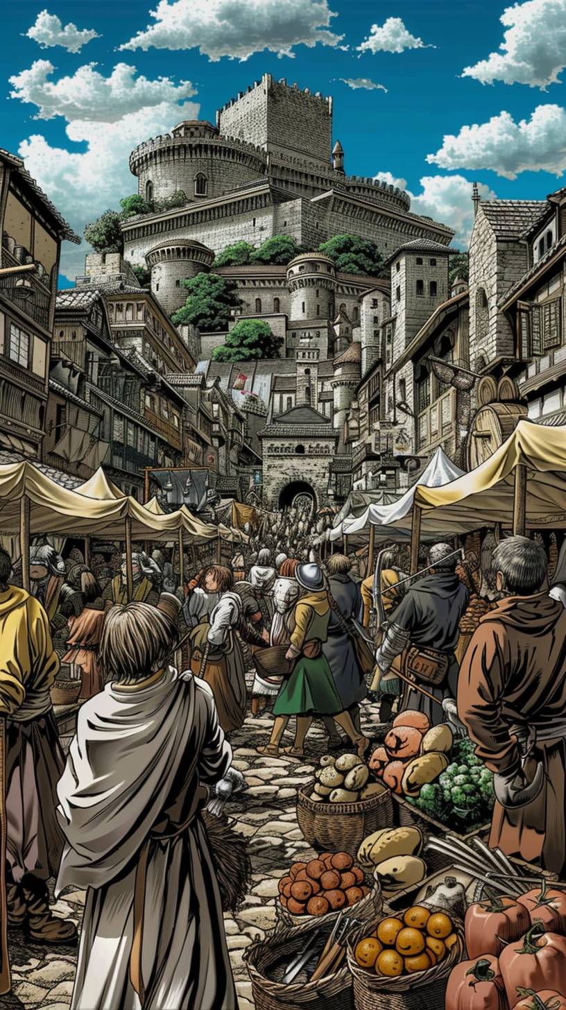 活気あふれる中世の市場、さまざまな商品を販売する露店、時代風の衣装を身にまとった人々、背景には城がそびえ立ち、賑やかな雰囲気