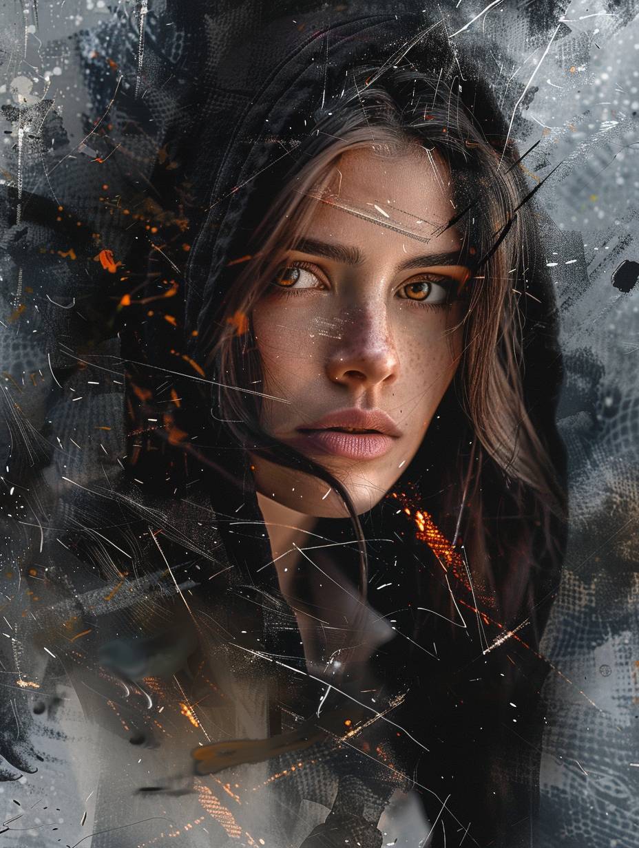 A beautiful girl with brown hair and brown eyes, depicted in digital art. The double exposure portrait features an oil texture with a splattered effect and a blurred background. She is dressed in a black hoodie and a white shirt with abstract lines, set against a dark backdrop.