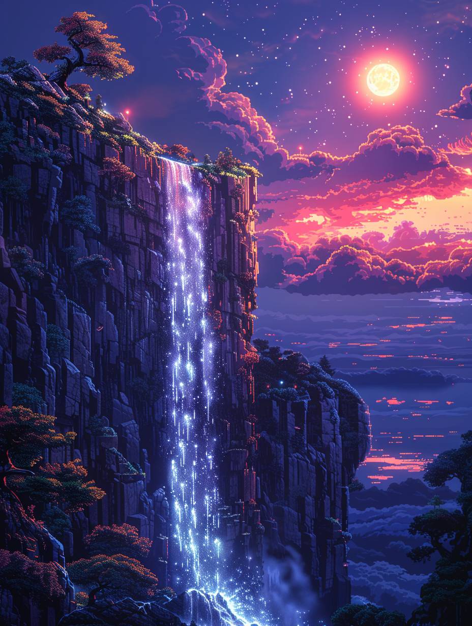 Late at night, the sky is dark, On the high cliff, the water flows like a plunging waterfall, with a momentum as if it were three thousand feet high, one can't help but wonder if this is the Milky Way cascading down from the heavens to the earth. best quality, pixel style cartoon, lines, 8k resolution -- aspect ratio 3:4 -- stylize 750 -- image width 1.5 -- speed 6.0